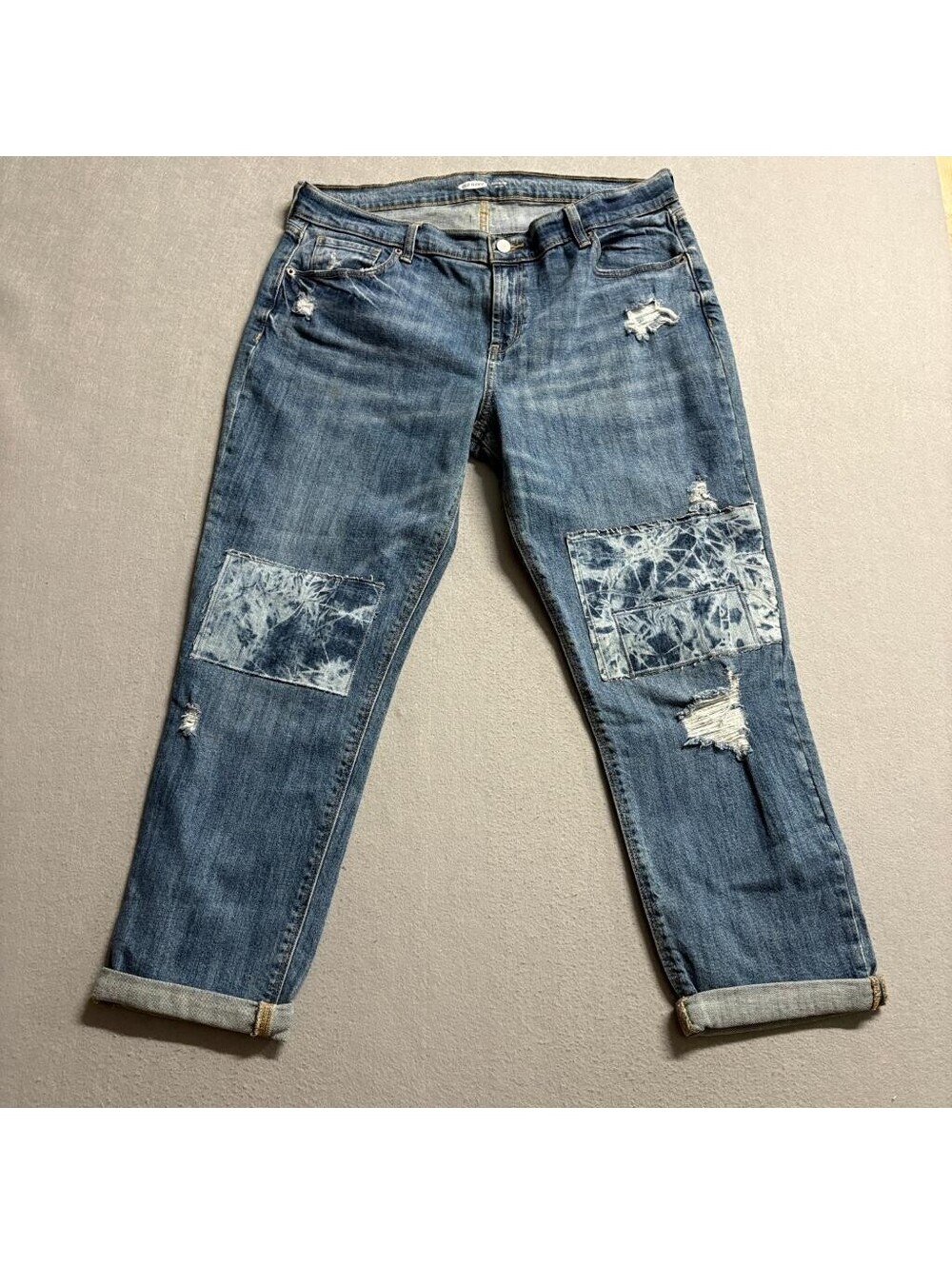 Old Navy Boyfriend Mid Rise Jeans Womens 12 Blue Distressed Patchwork Cuff Denim